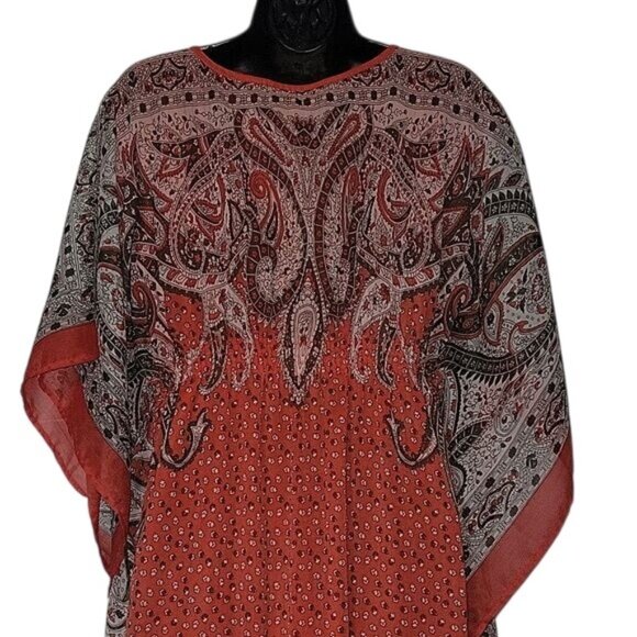 Flowy Bohemian-Style Red Paisley Printed Caftan Dress With Sheer Overlay & Loose - Picture 5 of 7